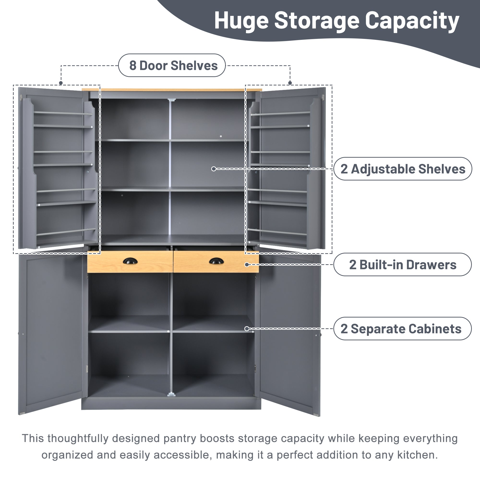 Large Kitchen Pantry Storage Cabinet | 71" Tall | MDF | White, Gray or Blue