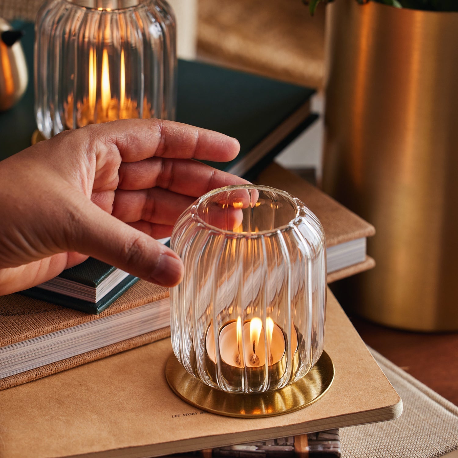 Kira Fluted Glass Lantern Candle Holders | Set of 2 | Mouth-Blown Borosilicate Glass | Brass Base