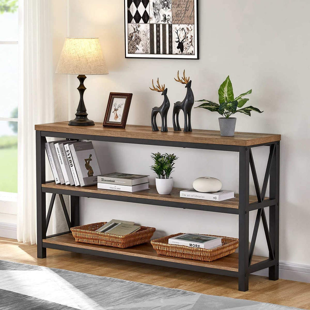 Rustic Wood Console Table With Three Shelves Metal Frame