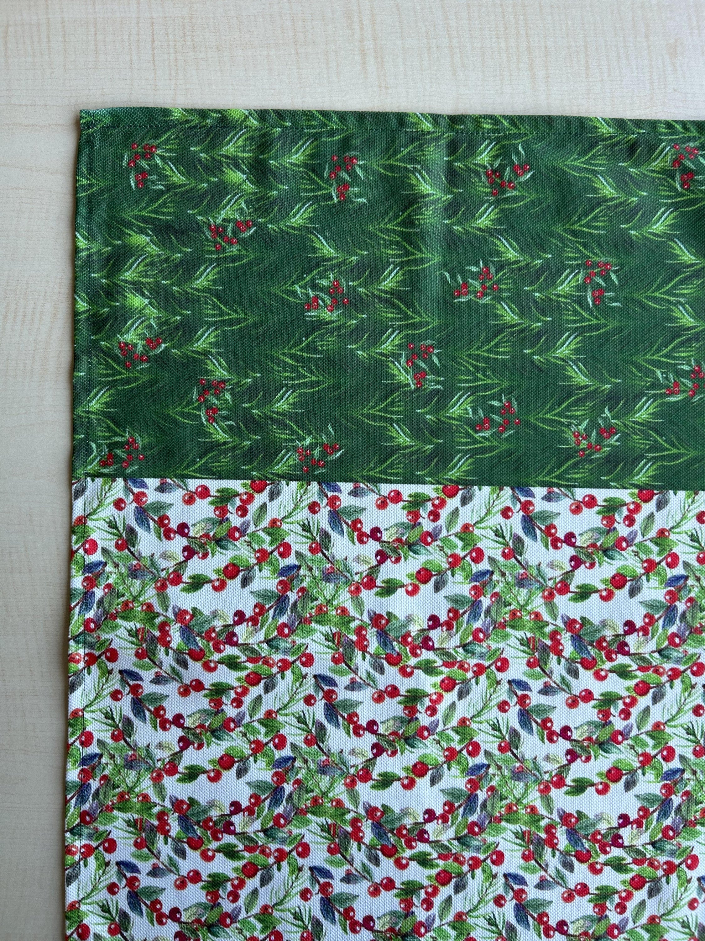 Holiday Runner with Green and Red Holly Berry and Greenery Motif