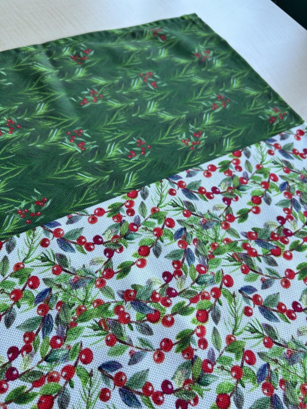 Holiday Runner with Green and Red Holly Berry and Greenery Motif