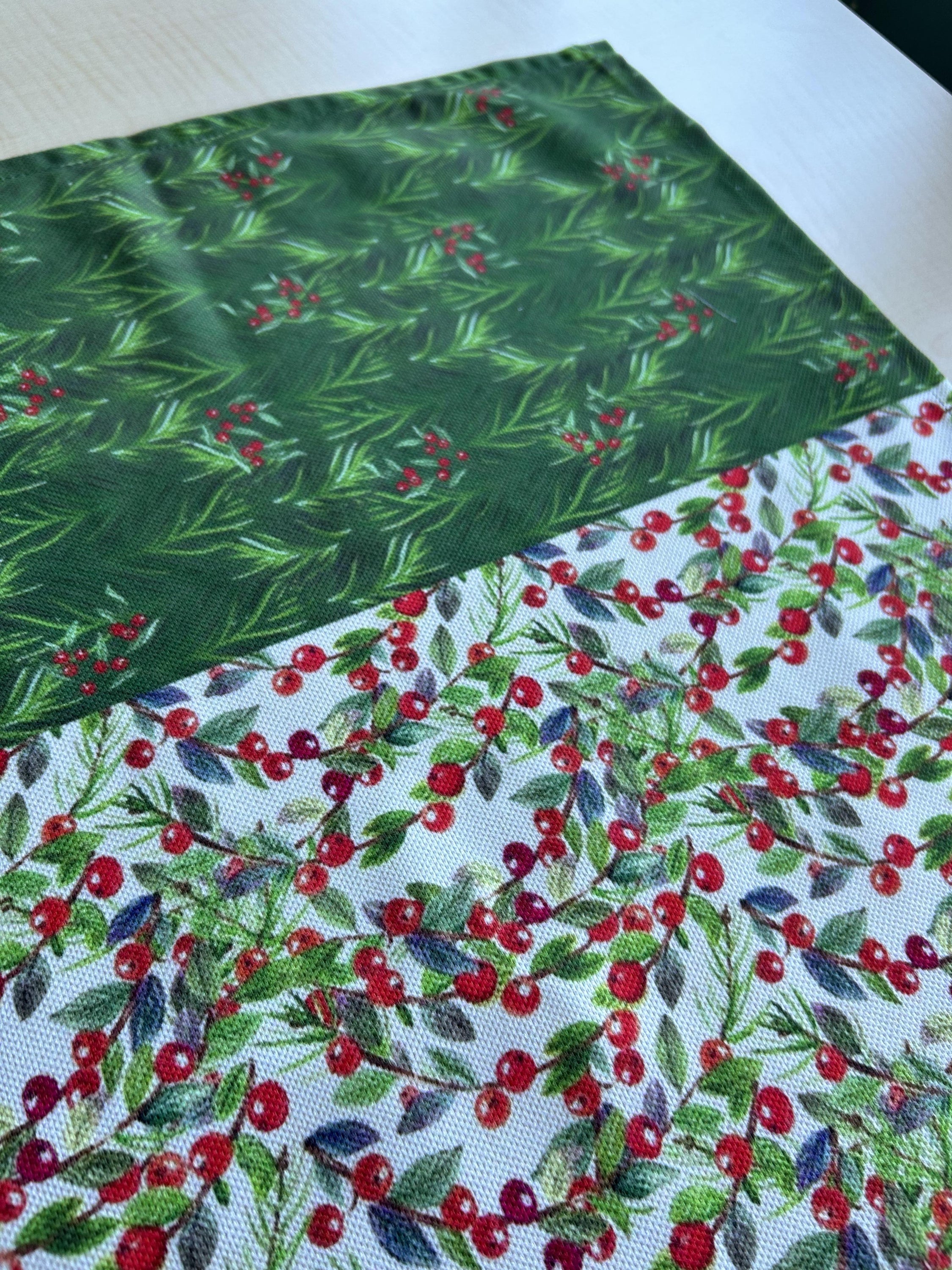 Holiday Runner with Green and Red Holly Berry and Greenery Motif