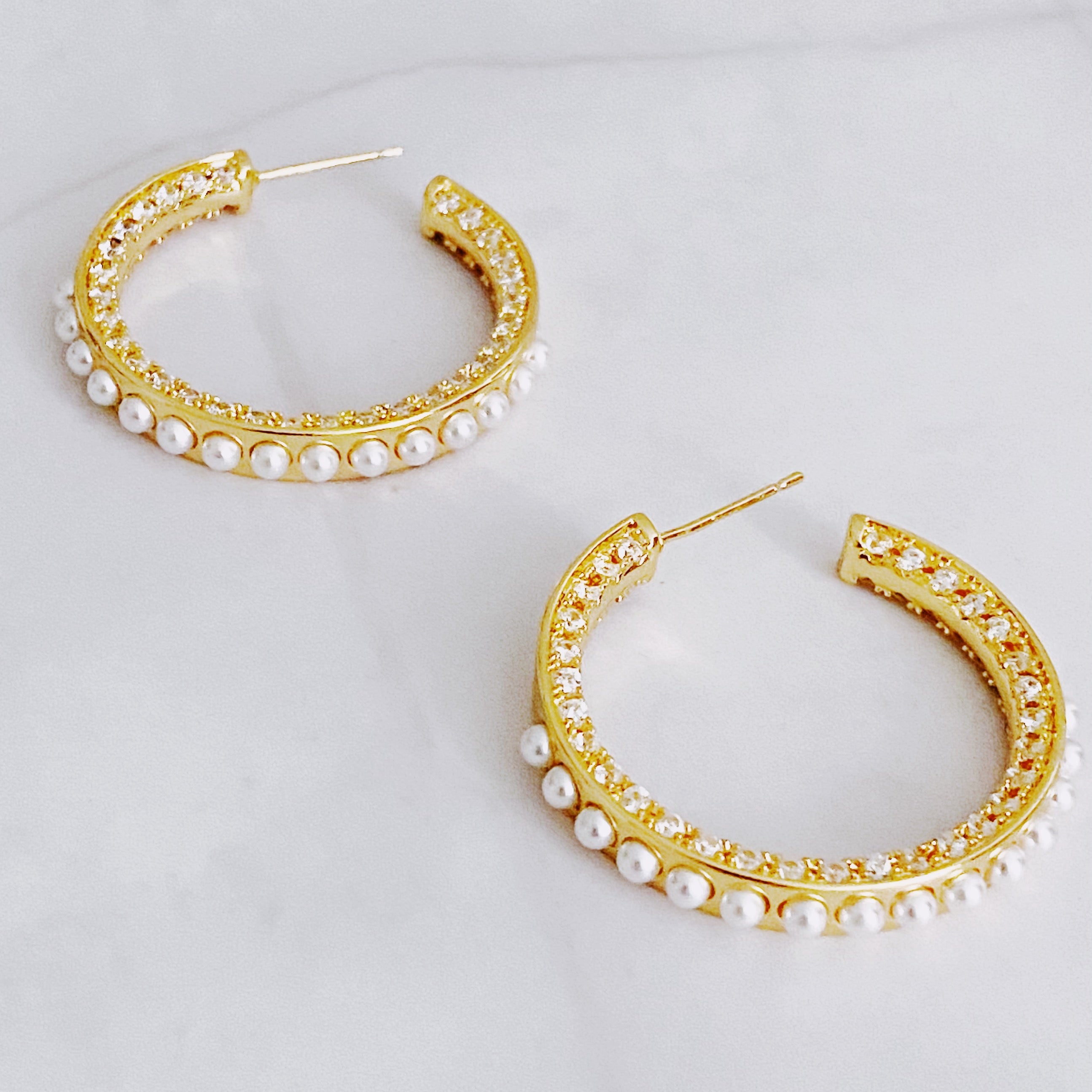 Classy Lady Pearl Hoop Earrings | 18K Gold Plated Brass | Pearl & Cubic Zirconia