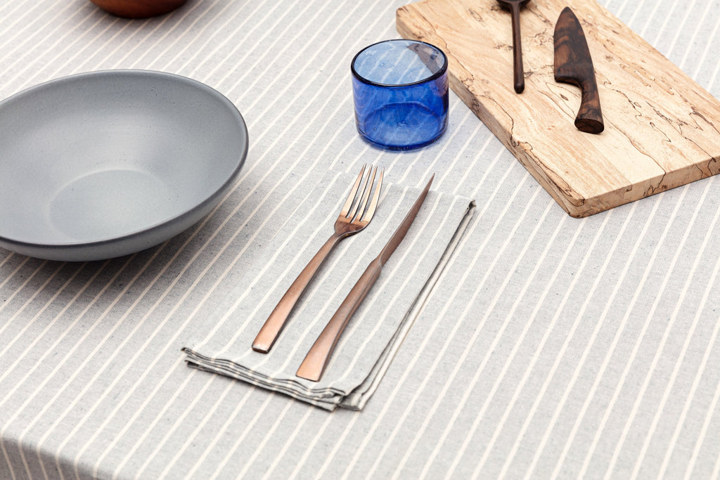 Pinstripe Cotton Tablecloth | Montreal, Quebec | 100% Cotton | 3 Sizes | Natural & Grey | MEEMA