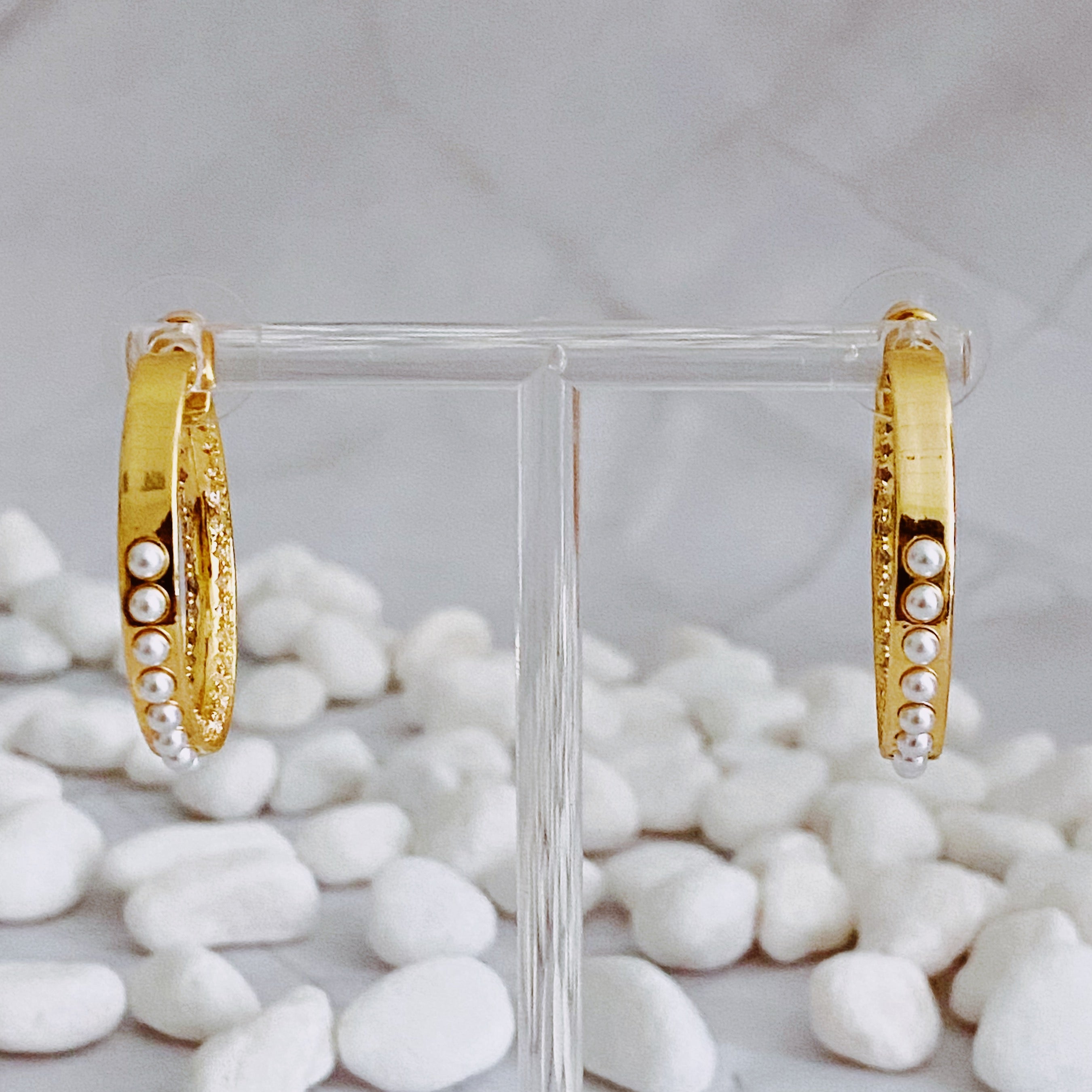 Classy Lady Pearl Hoop Earrings | 18K Gold Plated Brass | Pearl & Cubic Zirconia