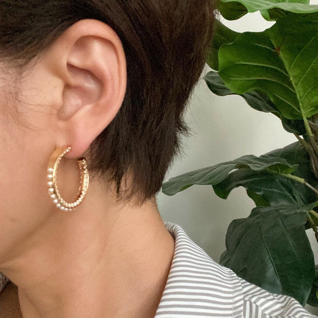 Classy Lady Pearl Hoop Earrings | 18K Gold Plated Brass | Pearl & Cubic Zirconia