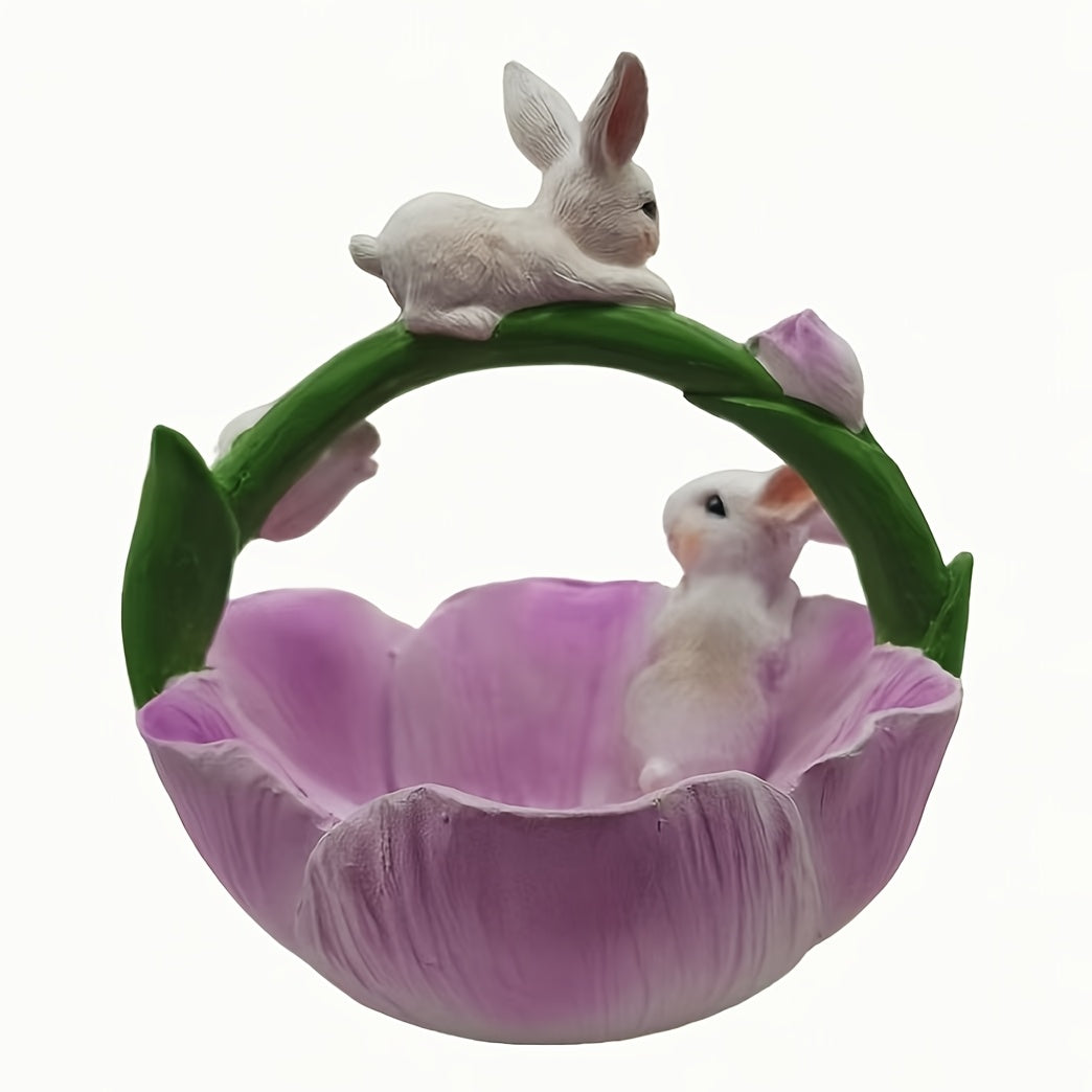 Resin Bunny & Lotus Figurine for Home Decor