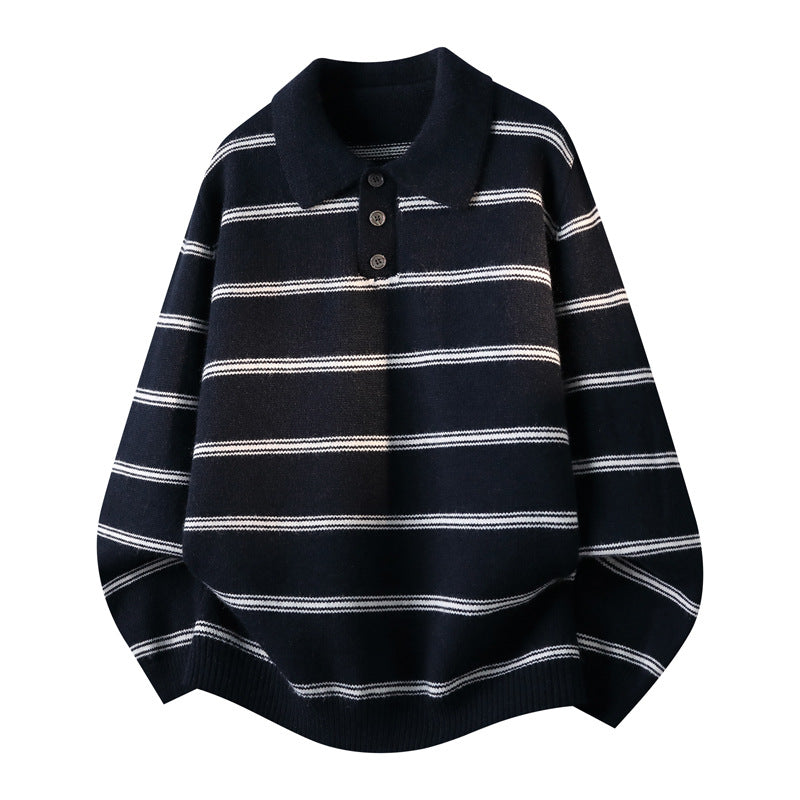 Men's Casual Striped Long Sleeve Polo Collar Knit Sweater