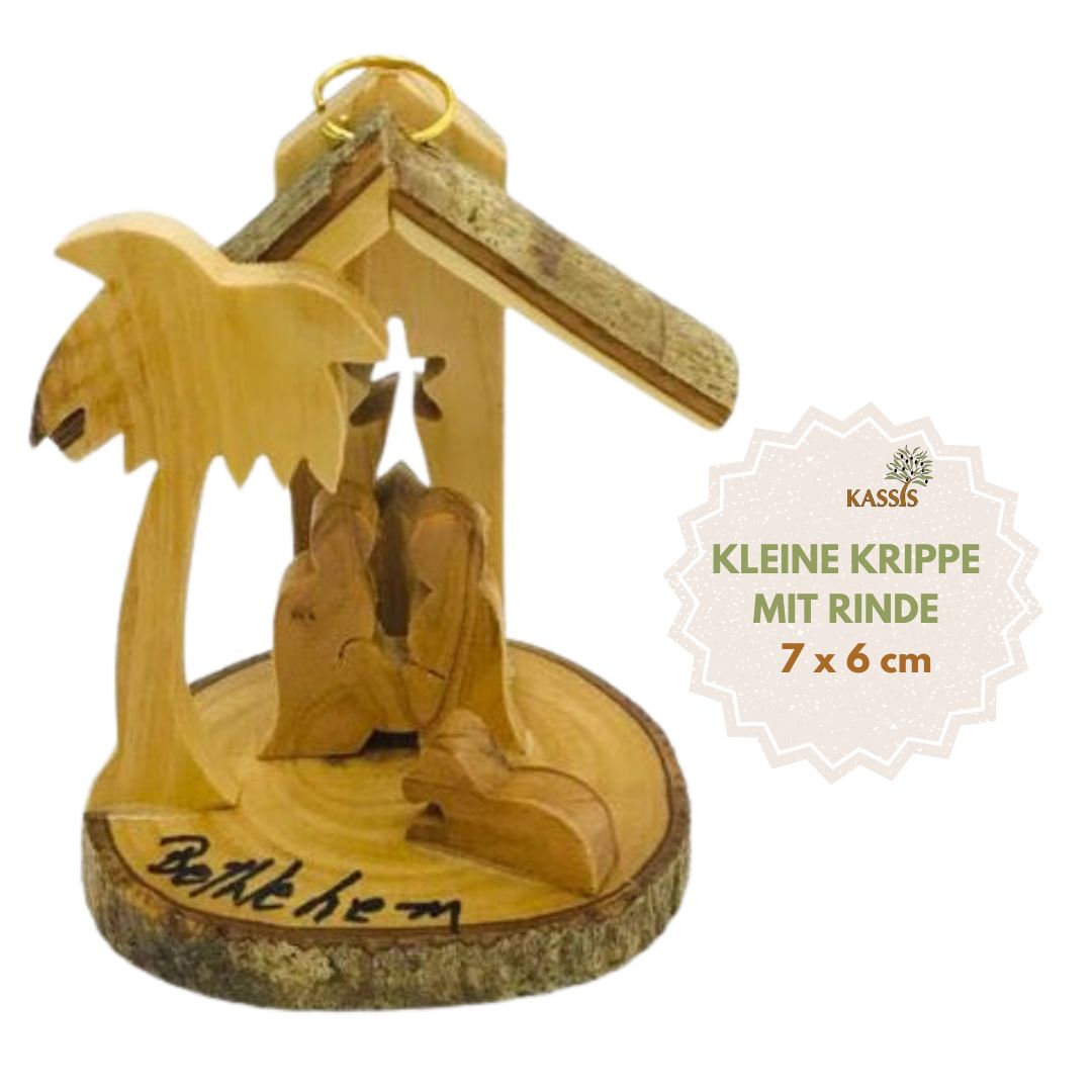 Handmade Olive Wood Nativity Ornament with Natural Bark, 7 cm