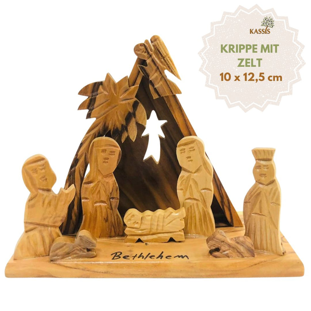 Handmade Olive Wood Nativity with Tent-Style Stable, 10 cm
