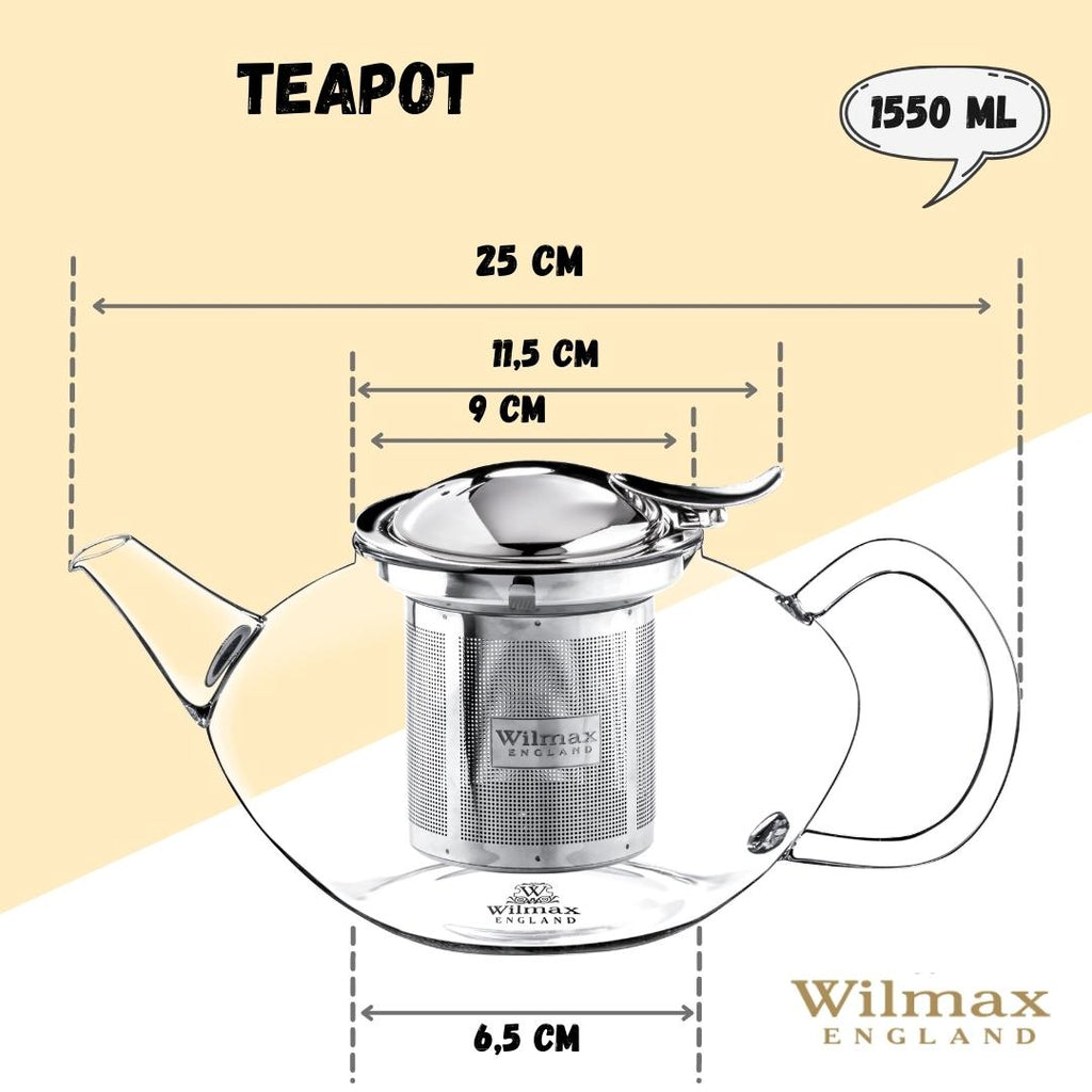 Wilmax Thermo Glass Teapot | 52 oz | Borosilicate Glass | Stainless Steel Infuser | Stovetop Safe