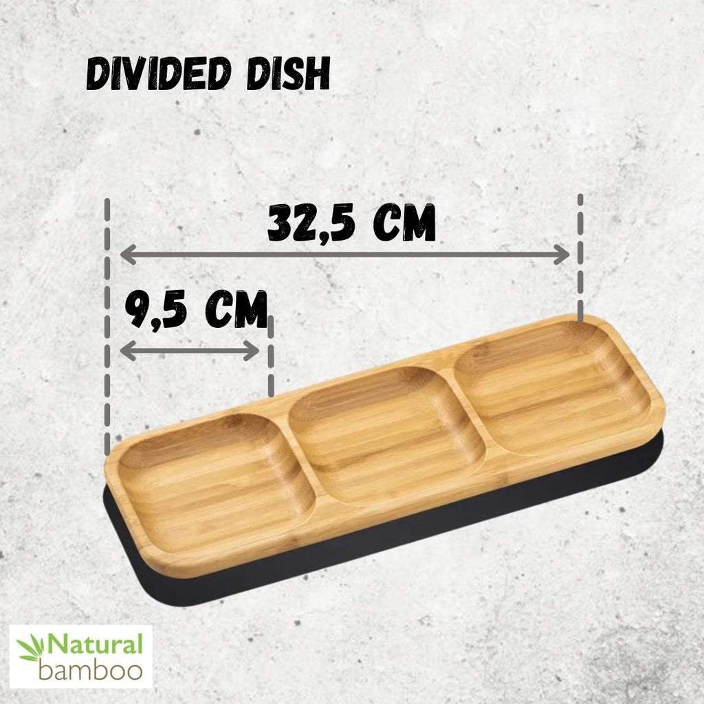 Natural Bamboo Divided Serving Dish | 13" x 4.5" | 3-Well Bento Tray | Wilmax England