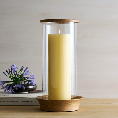 Arbor Hurricane Candleholder | Glass & Natural Oak | 3 Sizes | Handcrafted | Powered by People