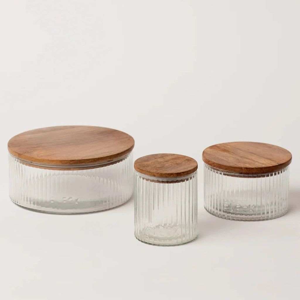 Hand-Blown Fluted Glass Storage Jars | Set of 3 | Wood Lid