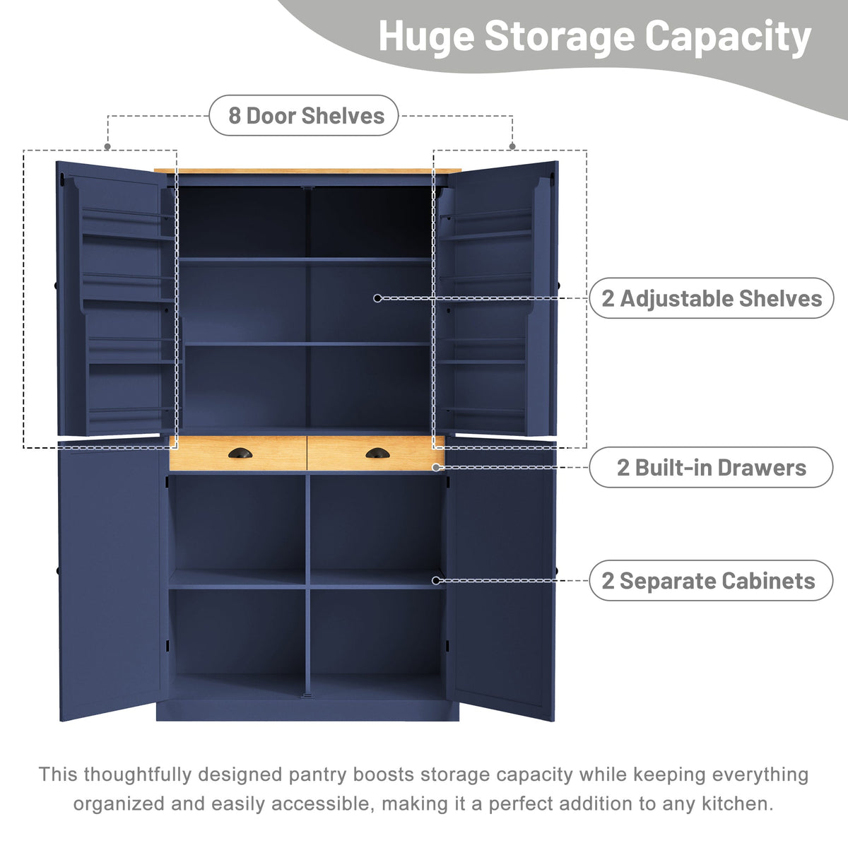Large Kitchen Pantry Storage Cabinet | 71" Tall | MDF | White, Gray or Blue