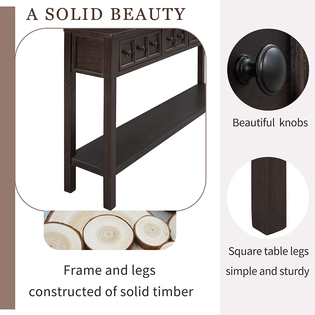 Rustic 60 Inch Console Table With Drawers And Shelf