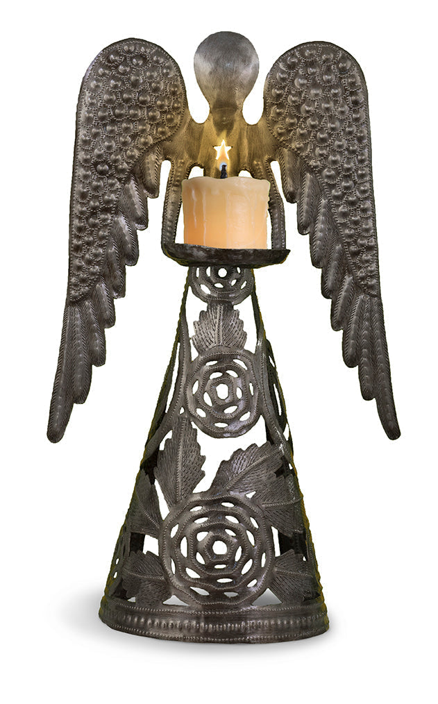 Standing Rose Angel Candle Holder | Croix-des-Bouquets | Recycled Steel Metal Art | 12"x19" | Jean Edmond