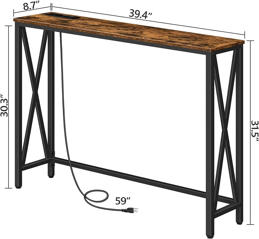 Rustic Brown Sofa Table With Power Outlet And USB Ports