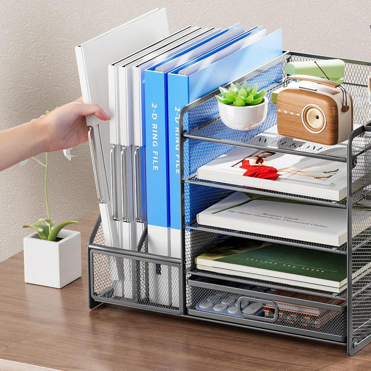 Grey 5 Tier Mesh Desk Organizer With Drawer And File Trays