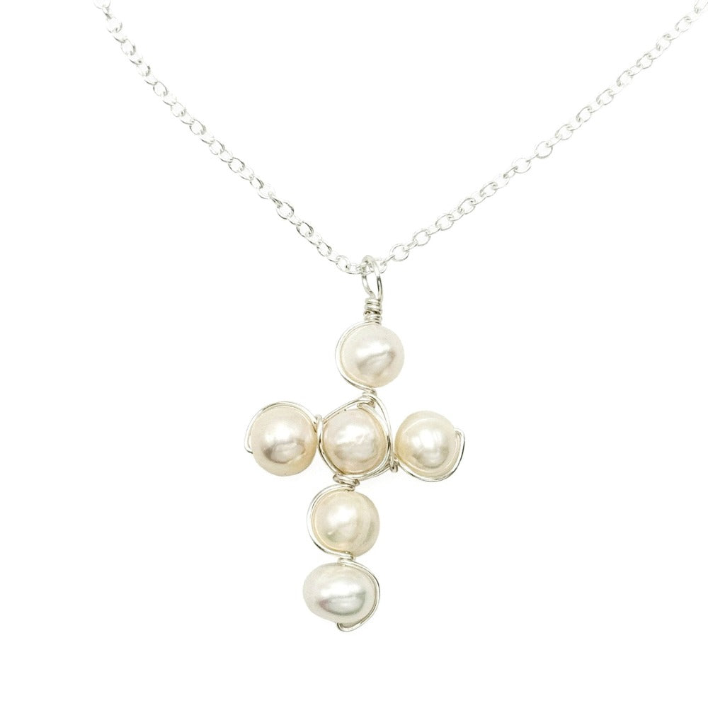Good News Freshwater Pearl Cross Necklace | Silver Plated | Wire Wrapped