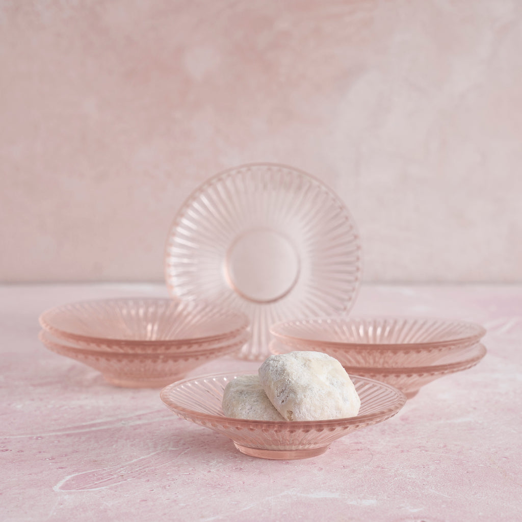 Pressed Pink Glass Small Plates | Set of 6 | Textured Vintage Glass | Dessert, Salad & Appetizer Plates