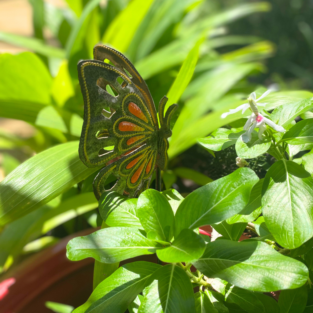 Orange Butterfly Garden Stake – Handcrafted Metal Art