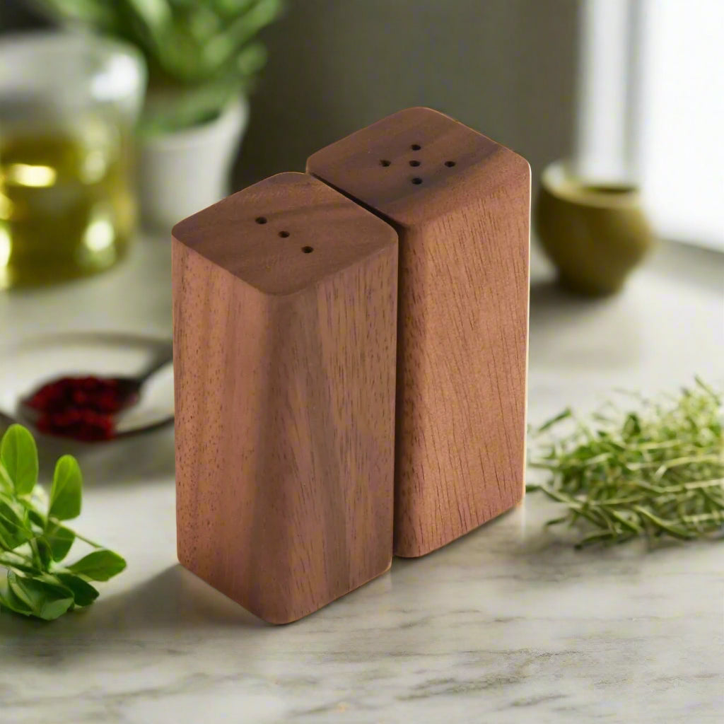 Acacia Wood Salt & Pepper Shakers with Wood Base | Handcrafted | Kalmar Home