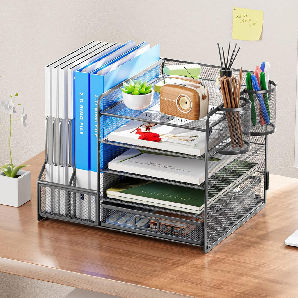 Grey 5 Tier Mesh Desk Organizer With Drawer And File Trays