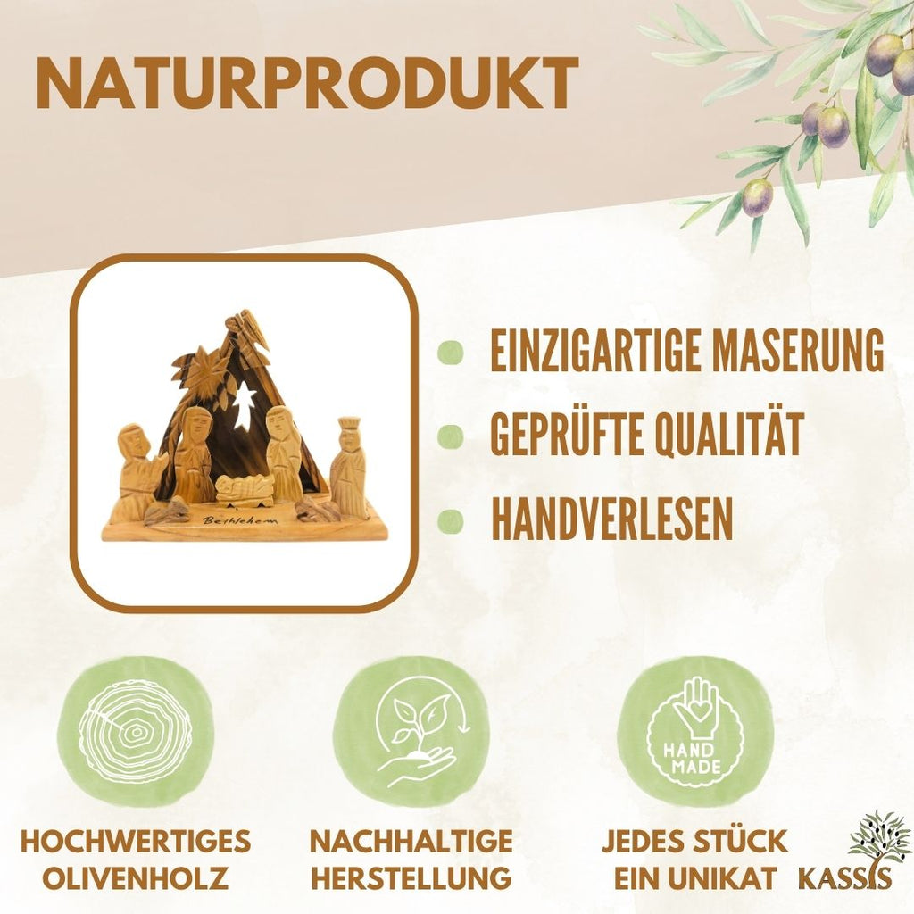 Handmade Olive Wood Nativity with Tent-Style Stable, 10 cm