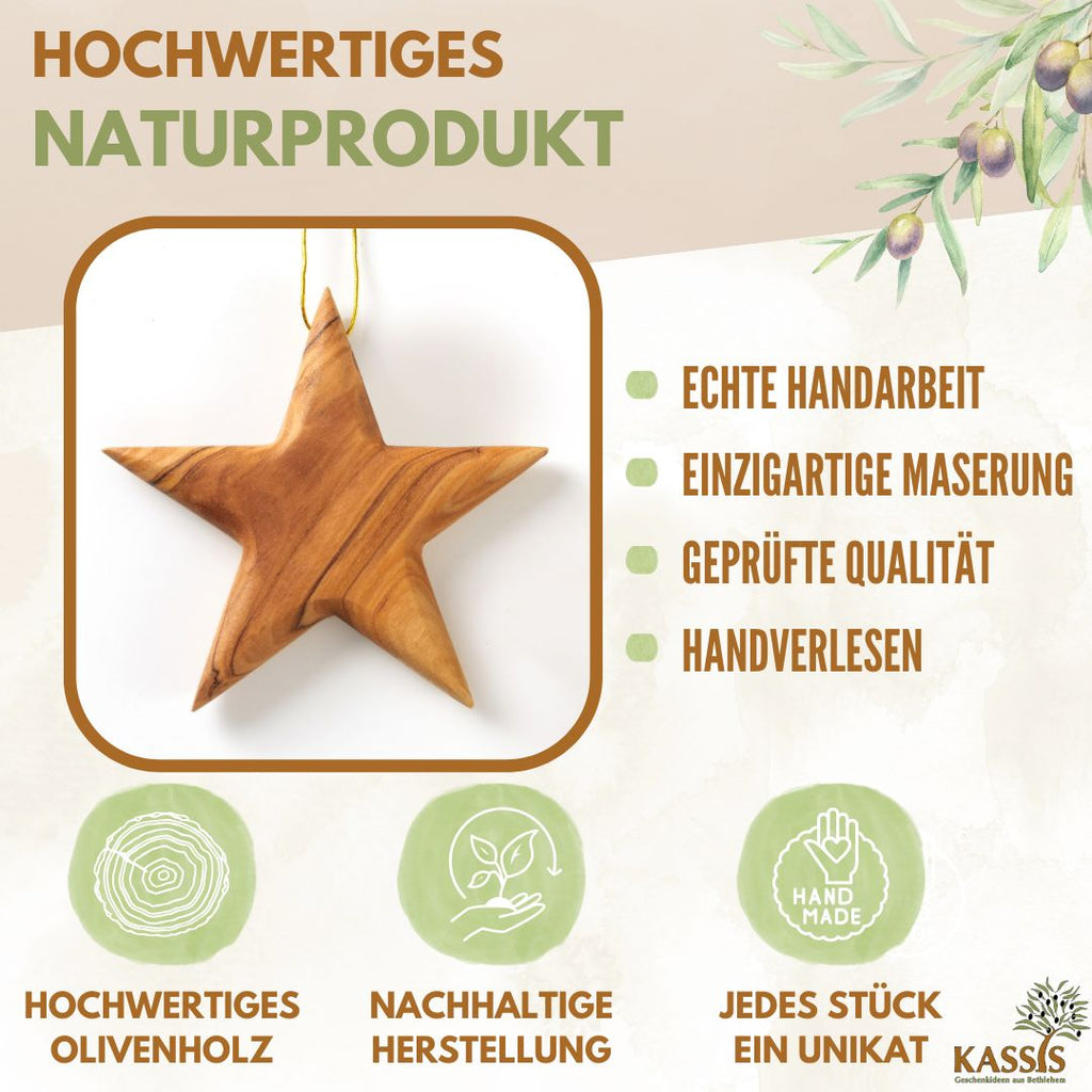 Handmade Olive Wood Star Ornament, 8 cm