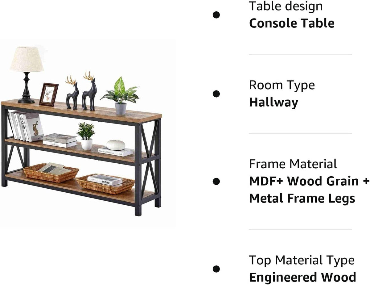 Rustic Wood Console Table With Three Shelves Metal Frame
