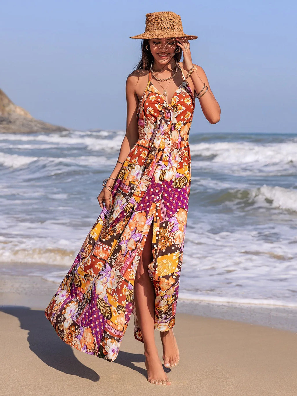 Slit Printed Halter Neck Cami Dress
