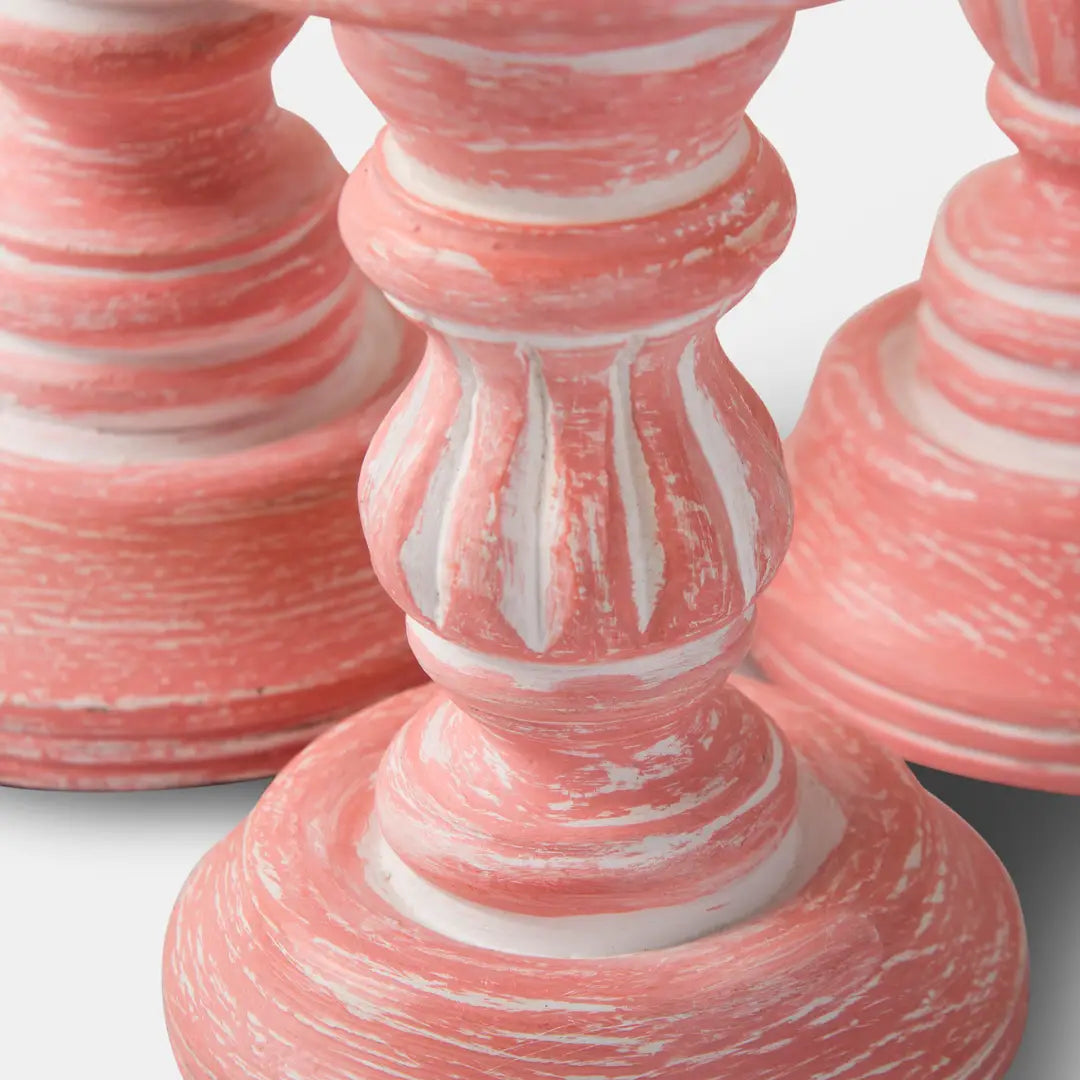 Rosé Reverie Pillar Candleholder Set | Set of 3 | Handcarved Mango Wood | 12", 9" & 6" | Washed Pink Finish