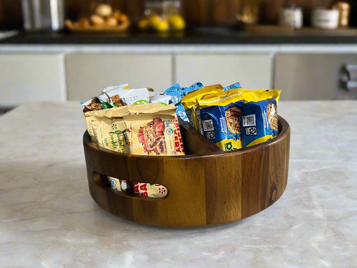 Rotating Lazy Susan Divided Tray | Acacia Wood | 4 Compartments | 12" | Smooth Finish | Serving | Organizing | Kalmar Home
