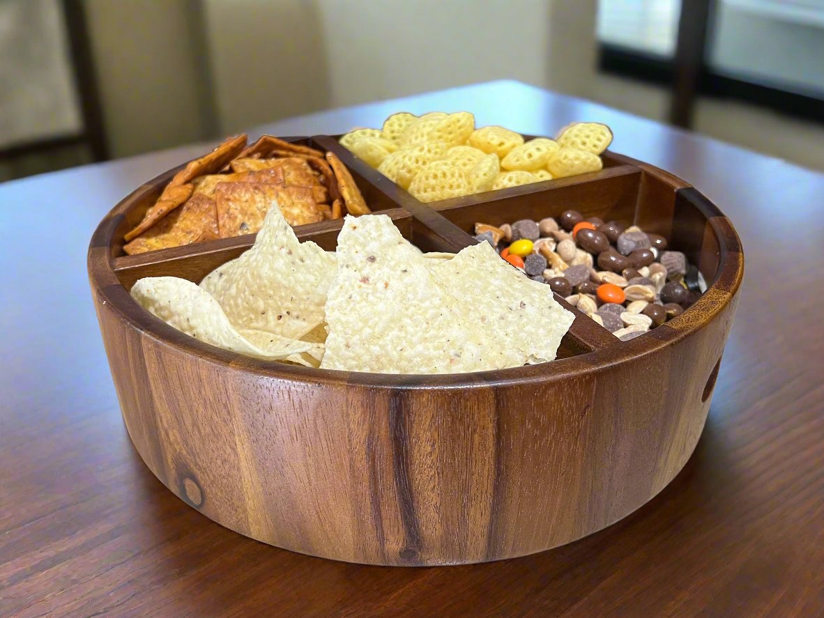 Rotating Lazy Susan Divided Tray | Acacia Wood | 4 Compartments | 12" | Smooth Finish | Serving | Organizing | Kalmar Home