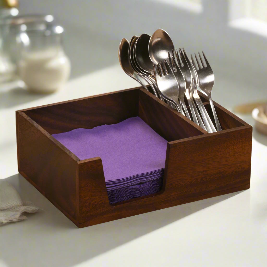 Acacia Wood Flatware & Napkin Holder | 2 or 4 Compartments | Handcrafted | Rustic to Modern | Everyday & Entertaining | Kalmar Home