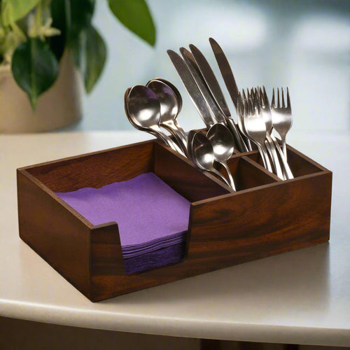 Acacia Wood Flatware & Napkin Holder | 2 or 4 Compartments | Handcrafted | Rustic to Modern | Everyday & Entertaining | Kalmar Home