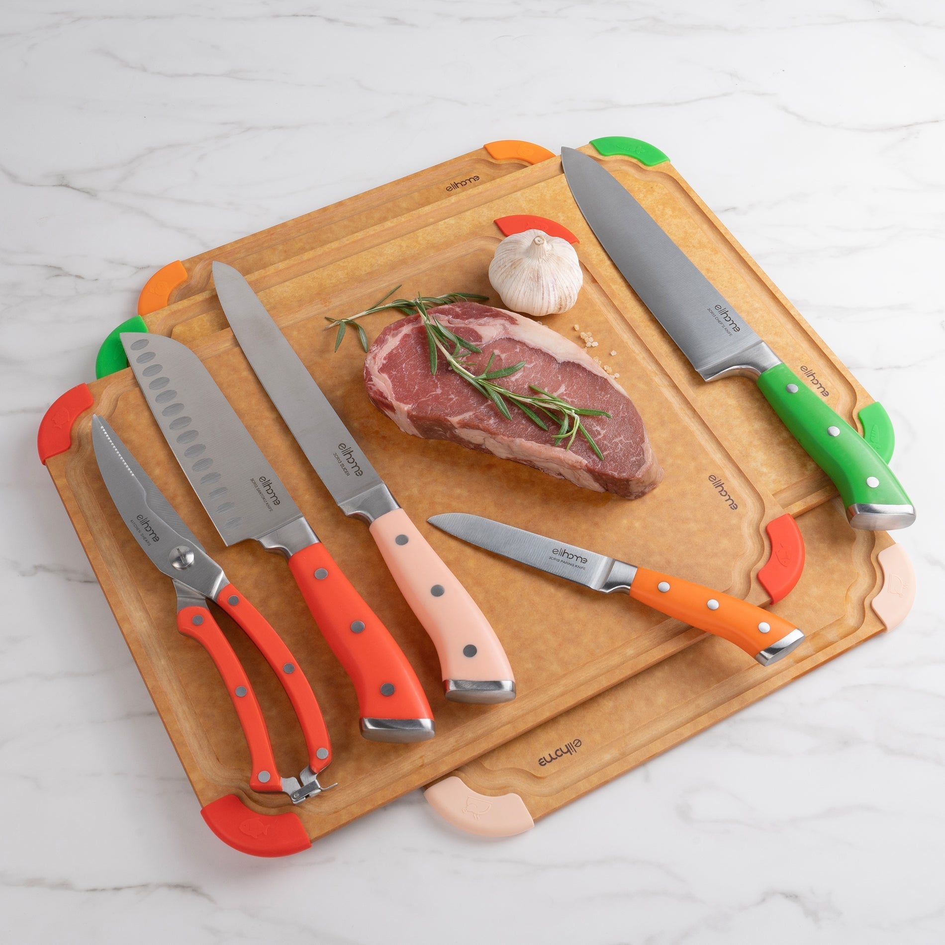 9-Piece Cutting Board & Knife Set | Cutting Wise | German Stainless Steel | Color-Coded Boards | Chef, Santoku, Slicer, Paring & Shears