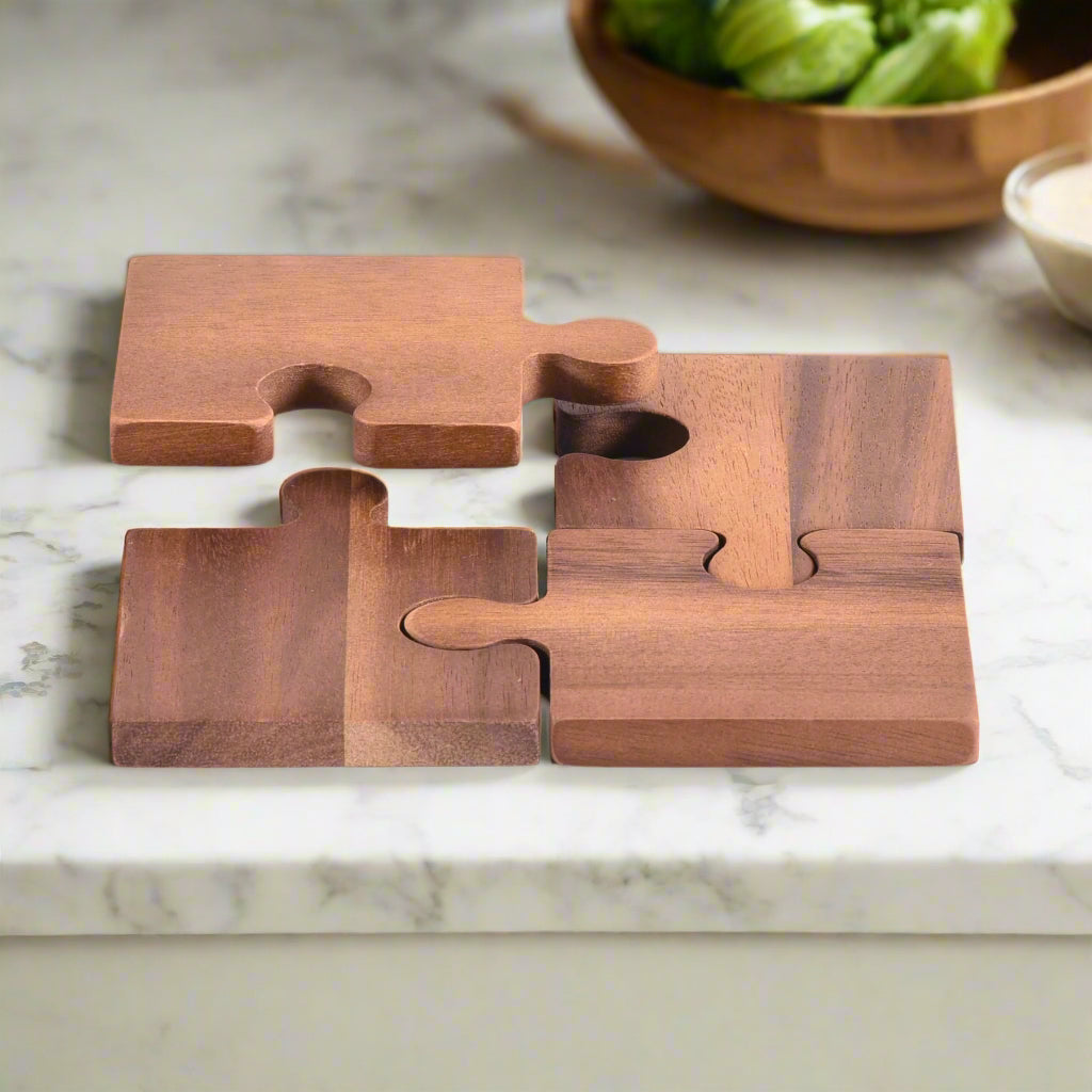 Acacia Wood Puzzle Piece Coasters | Set of 4 | Interlock into Trivet | 3.5" x 3.5" | Handcrafted | Kalmar Home
