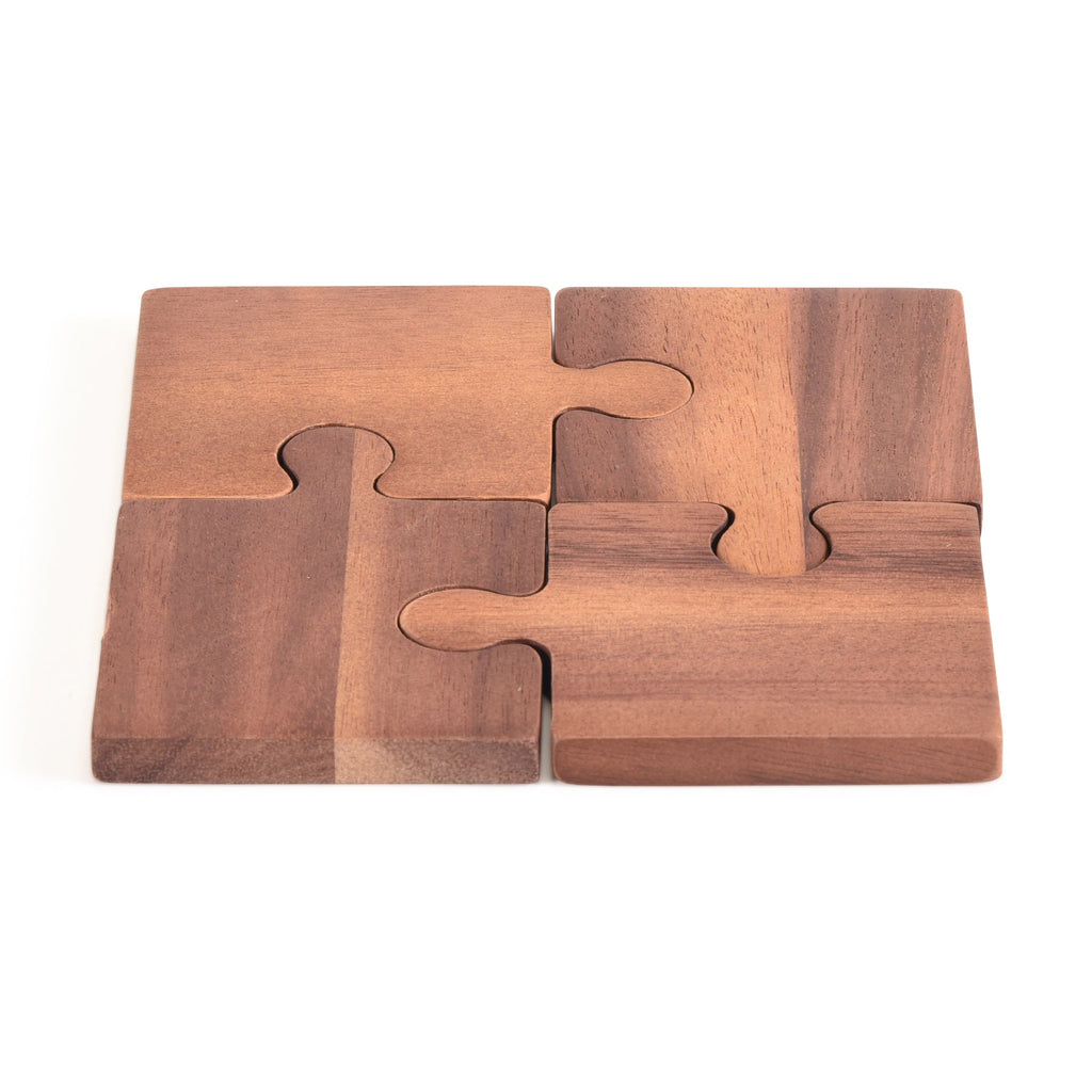 Acacia Wood Puzzle Piece Coasters | Set of 4 | Interlock into Trivet | 3.5" x 3.5" | Handcrafted | Kalmar Home