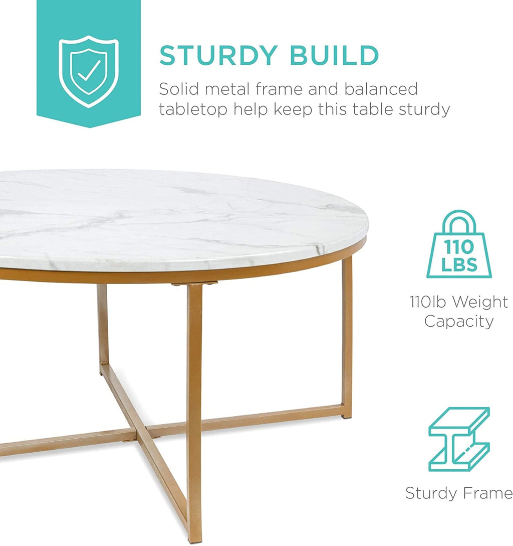 Round Coffee Table With Faux Marble Top Cross Leg Design