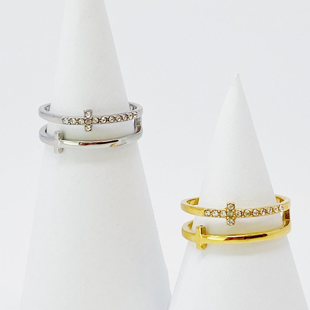 Forever Double Cross Ring | 18K Gold Plated Stainless Steel | Cubic Zirconia | Christian Faith Ring | Ellison+Young