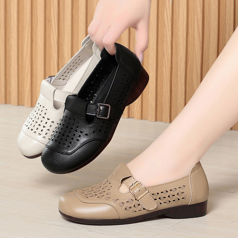 Women's singles leather shoes loafers soft soled soft top perforated sandals