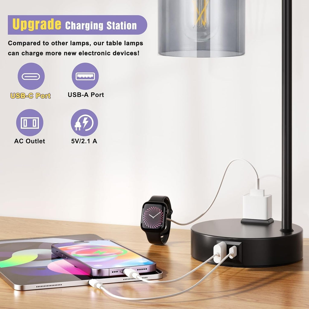 3-Way Dimmable USB Table Lamps With Gray Glass Shade Pair