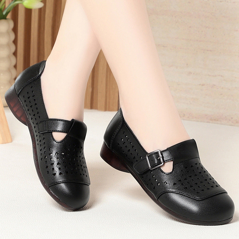 Women's singles leather shoes loafers soft soled soft top perforated sandals