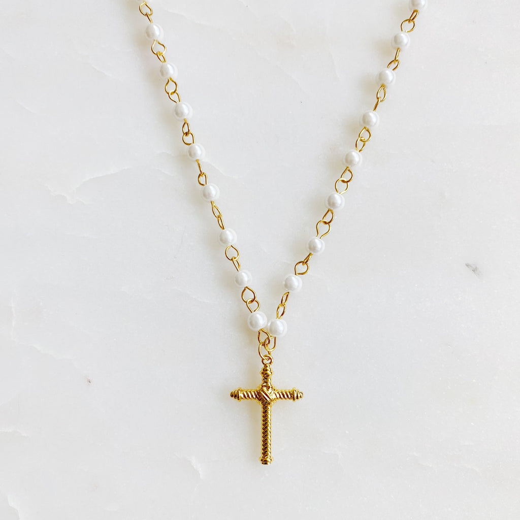 Cabled Cross & Pearl Pendant Necklace | 18K Gold Plated | Glass Pearls | Lead & Nickel Free | Faith Jewelry | Ellison + Young