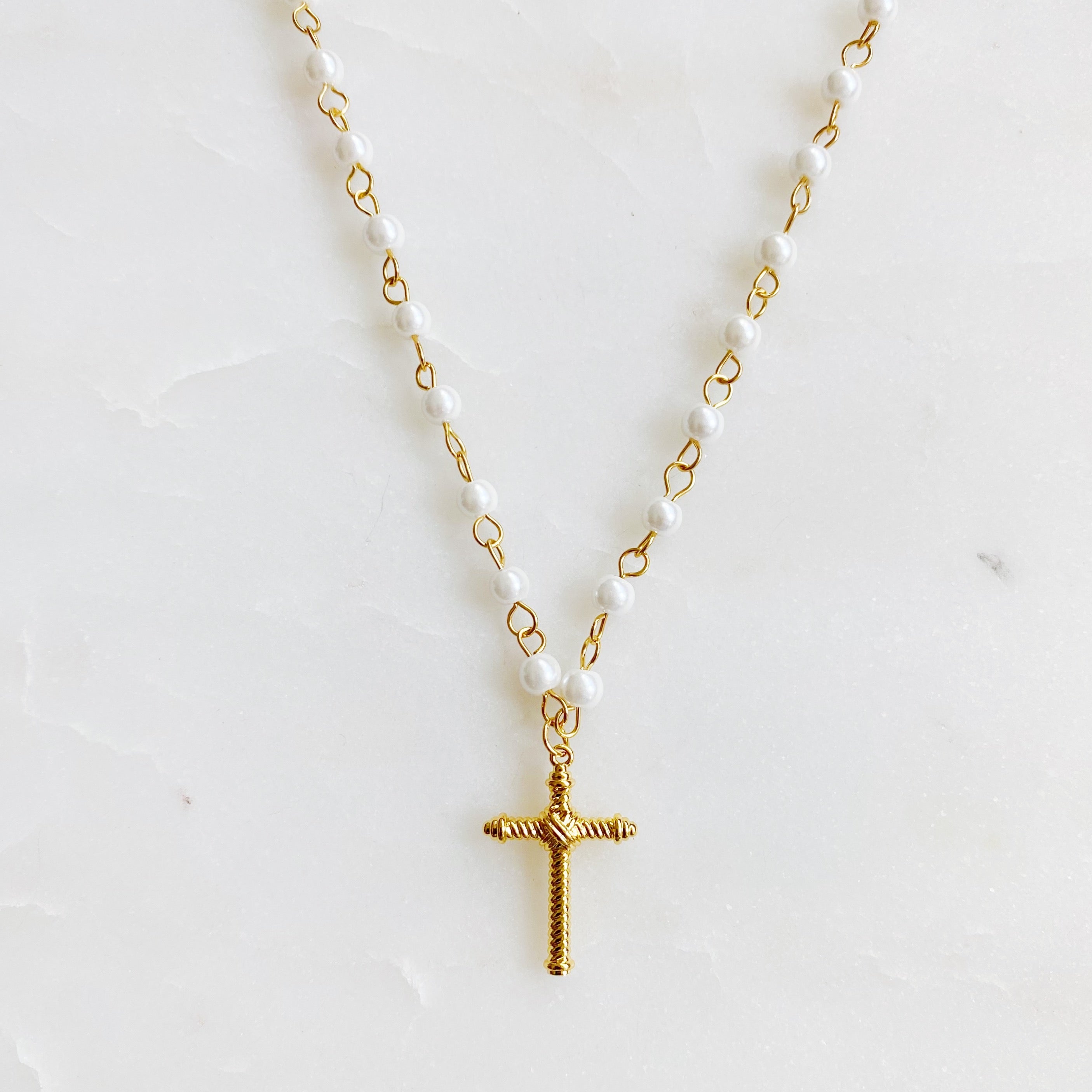 Cabled Cross & Pearl Pendant Necklace | 18K Gold Plated | Glass Pearls | Lead & Nickel Free | Faith Jewelry | Ellison + Young