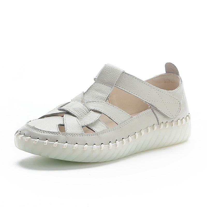 Leather perforated shoes with hollowed out toe caps for women soft soled non slip flat sandals for women