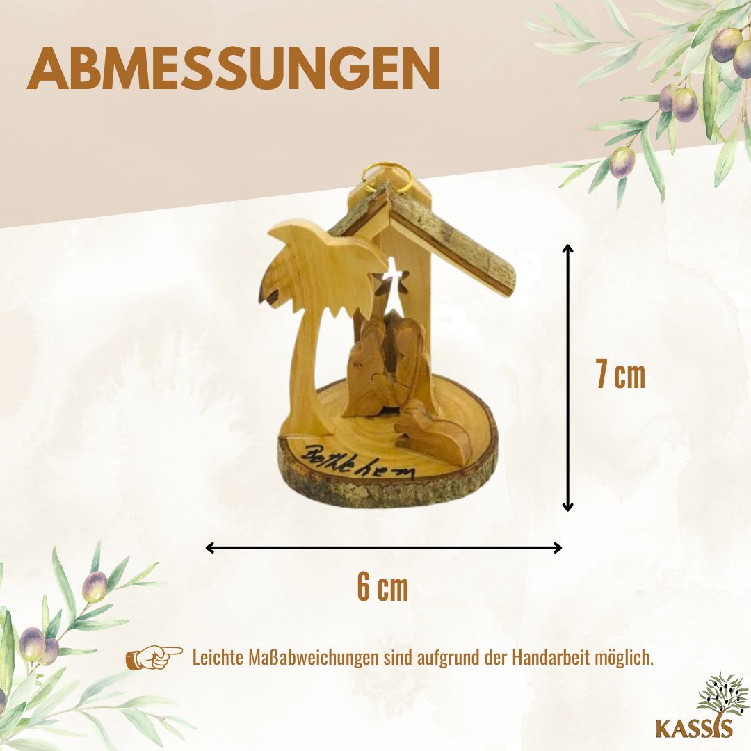 Handmade Olive Wood Nativity Ornament with Natural Bark, 7 cm