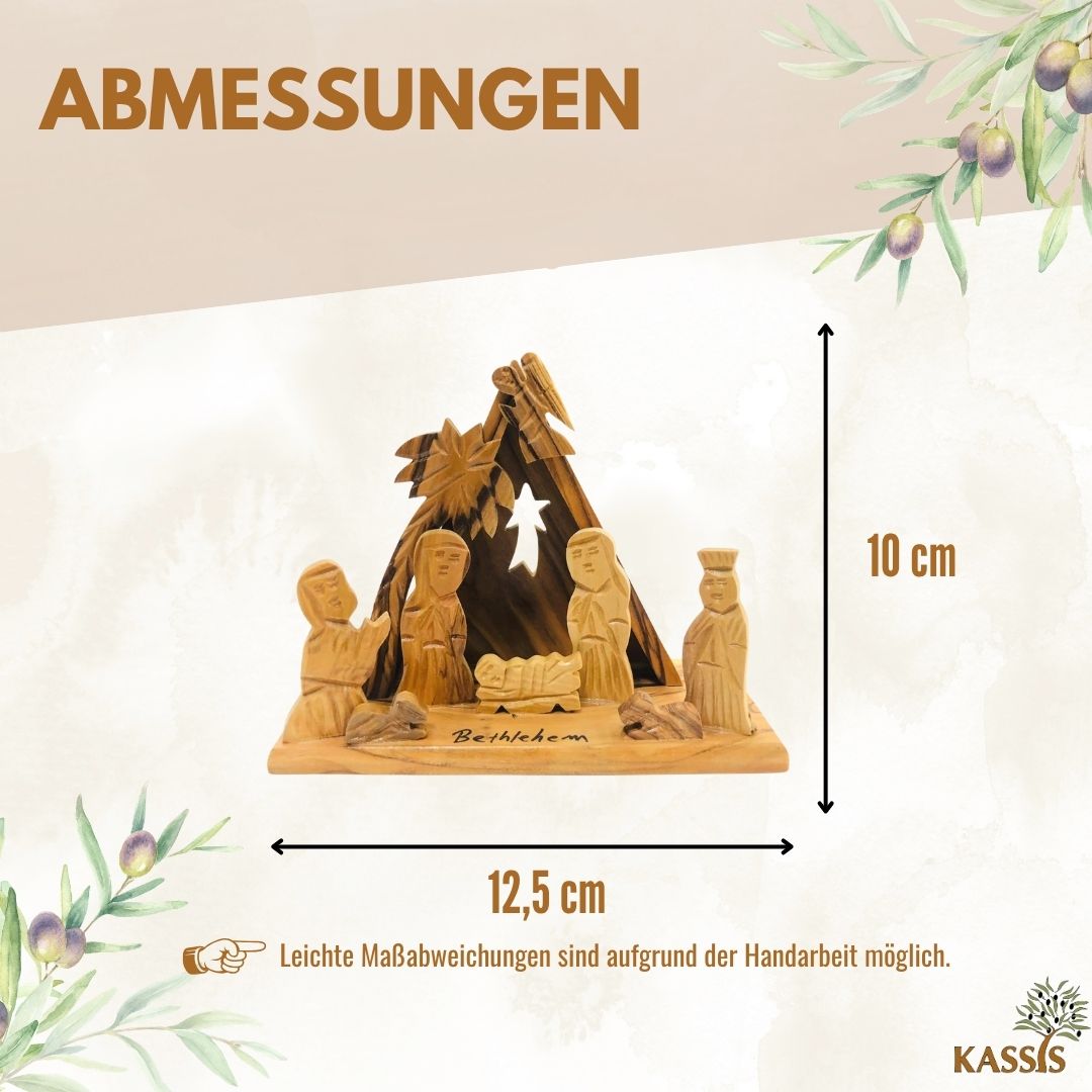 Handmade Olive Wood Nativity with Tent-Style Stable, 10 cm